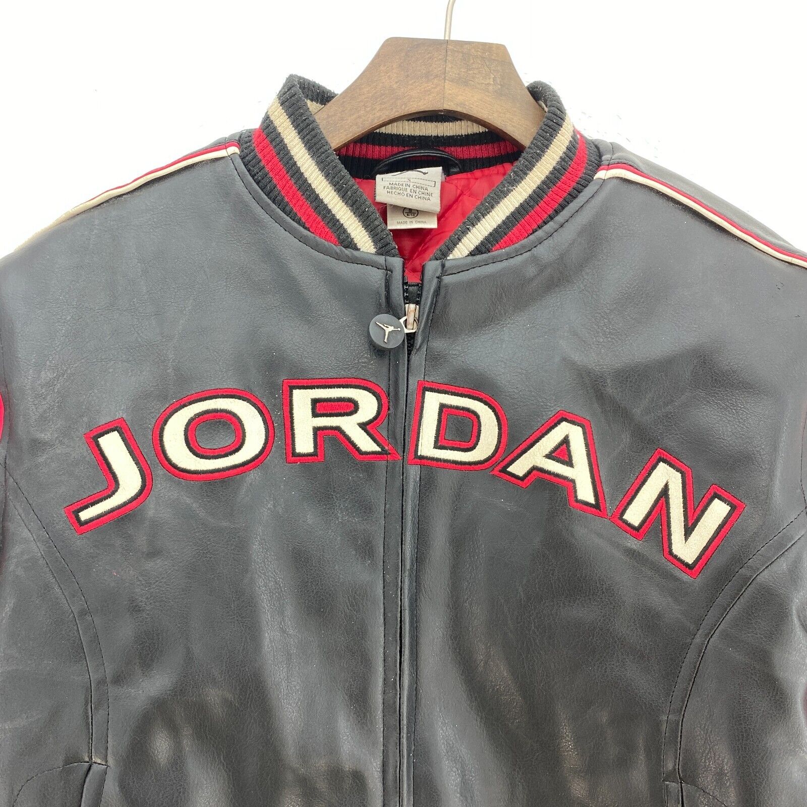 Nike Air Jordan Full Zip Black Red Leather Jacket Size S Kids