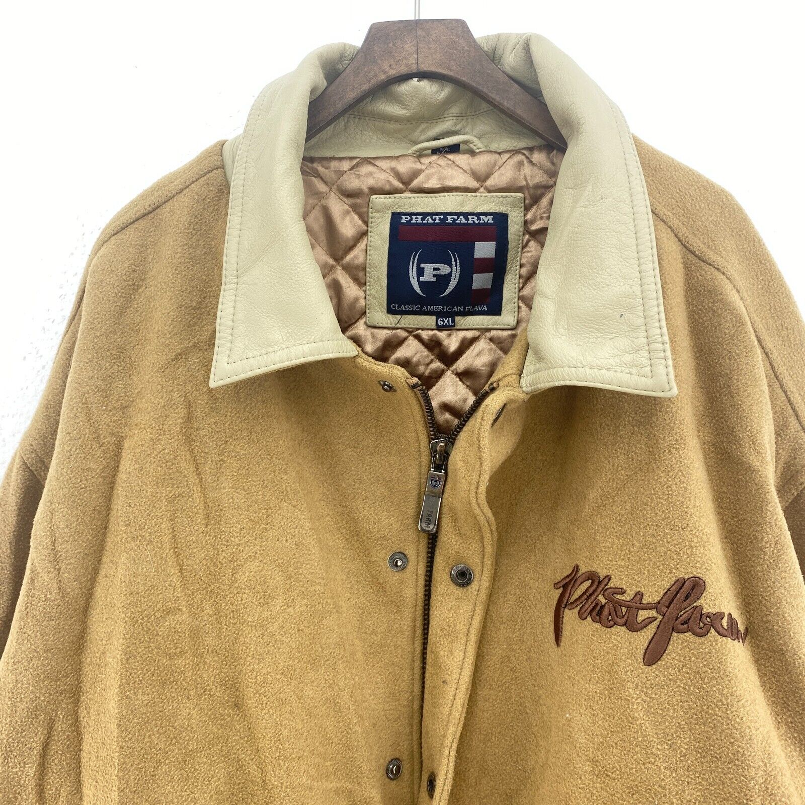Phat Farm Classic American Flava Wool Bomber Jacket Size 6XL Brown Y2K