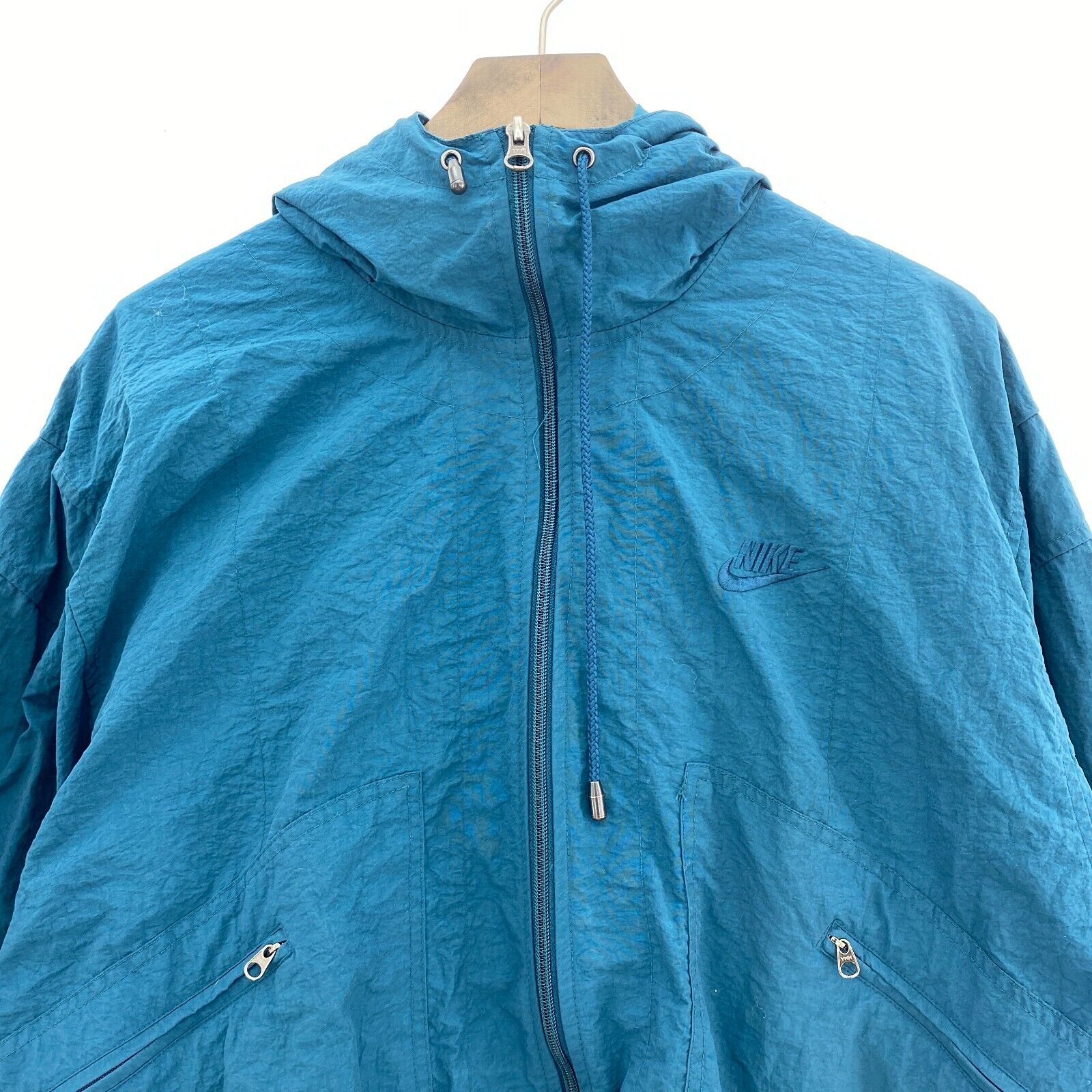 Nike Logo Swoosh Check Blue Hooded Jacket Size M Full Zip Up