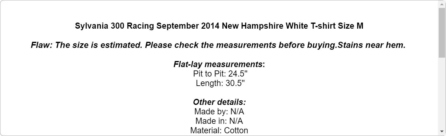 Sylvania 300 Racing September 2014 New Hampshire White T-shirt Size M