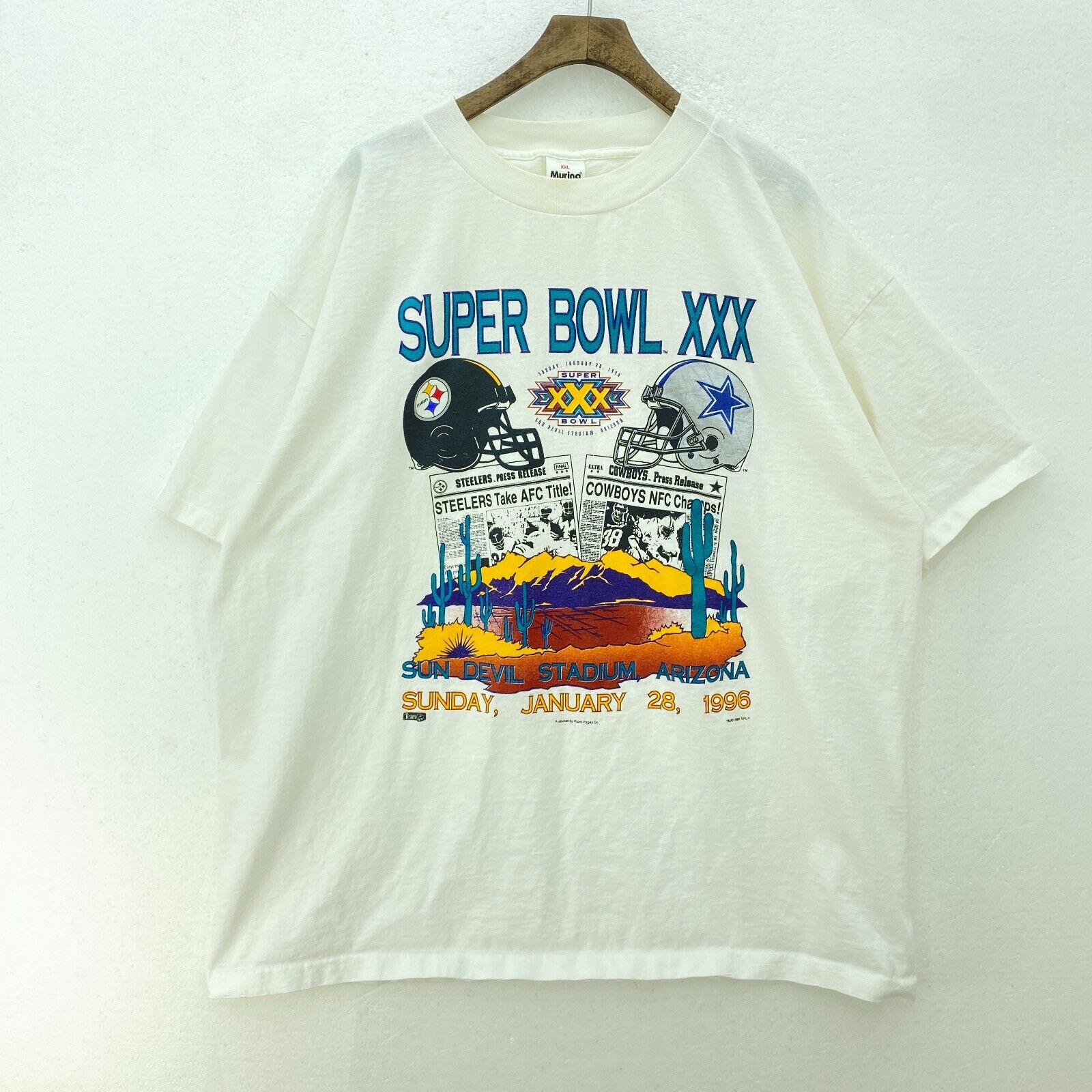 Super Bowl Pittsburgh Steelers Dallas Cowboys 1996 NFL White T-shirt Size XXL