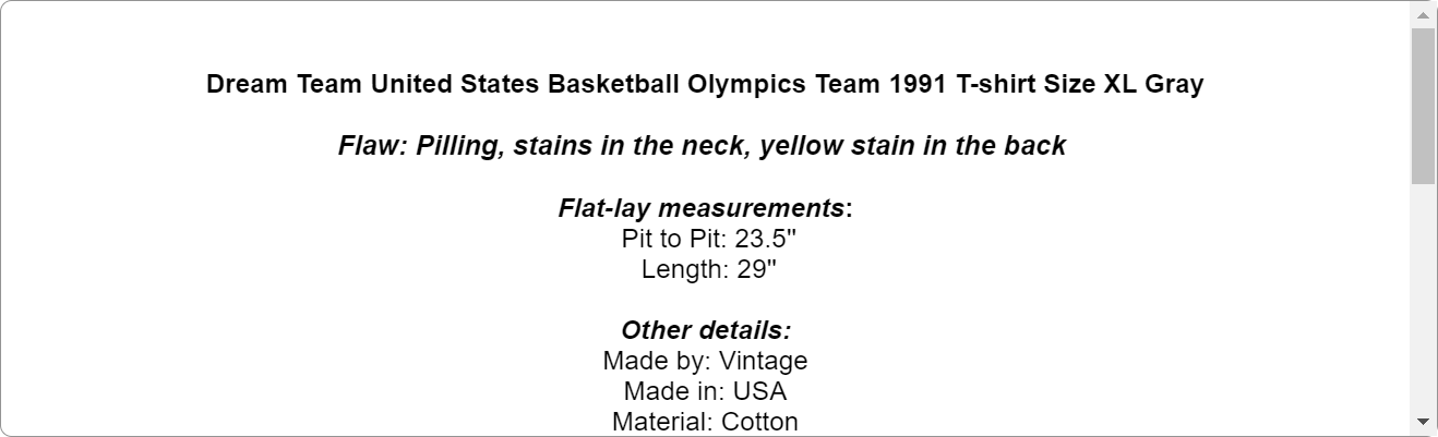 Dream Team United States Basketball Olympics Team 1991 T-shirt Size XL Gray
