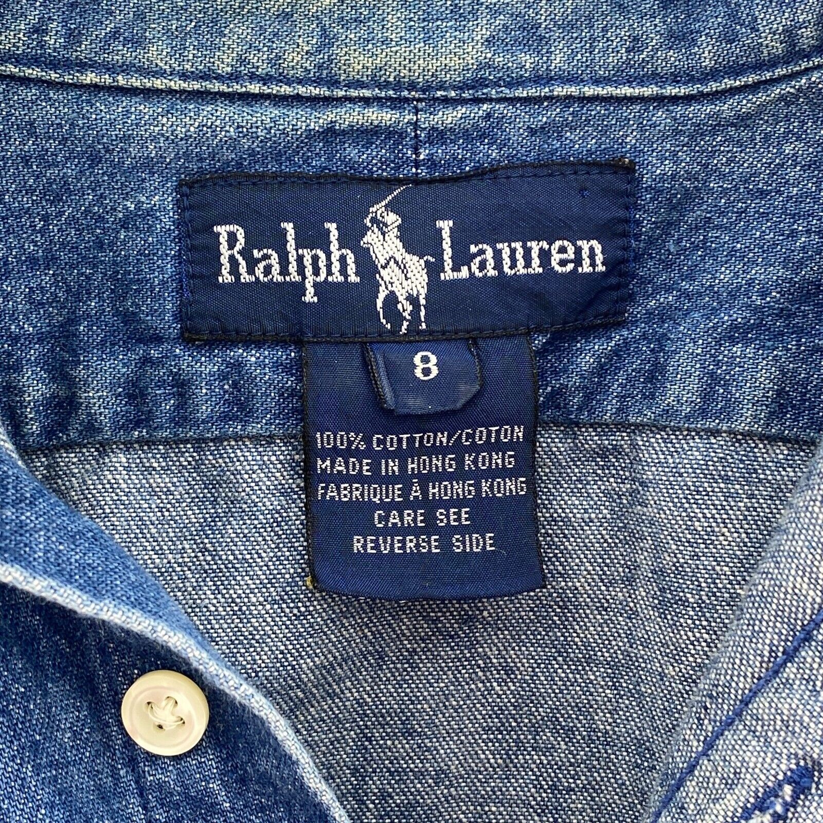 Ralph Lauren Button Up Single Embroidered Pocket Denim Blue Shirt Size 8 Women's