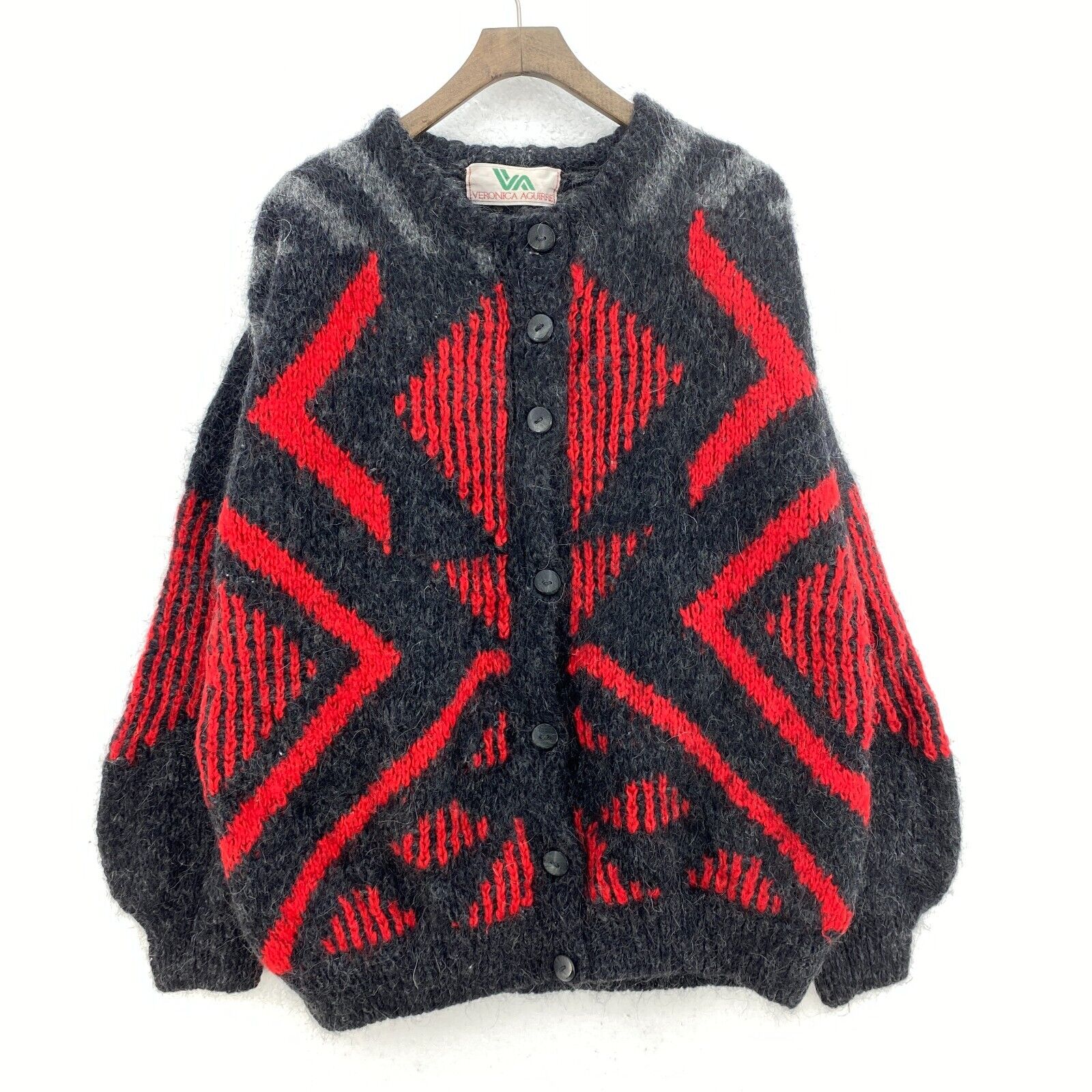 Vintage Wool Knit Gray Red Button Up Cardigan Sweater Size M
