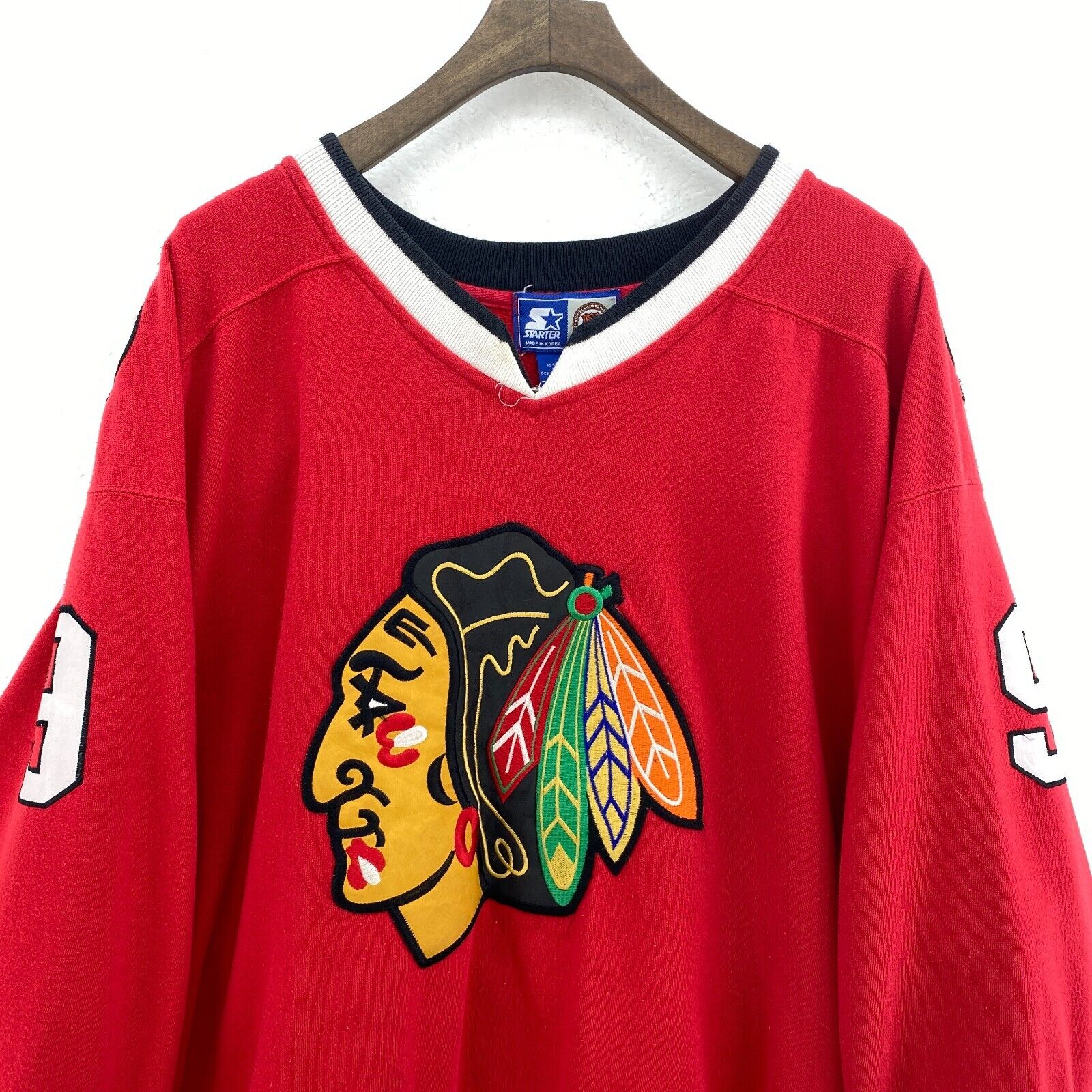 9 Robert Marvin Hull Chicago Black Hawks Red Sweatshirt NHL Starter Size L