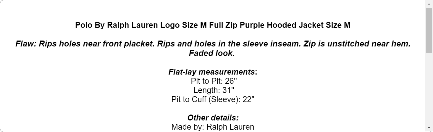Polo By Ralph Lauren Logo Size M Full Zip Purple Hooded Jacket Size M