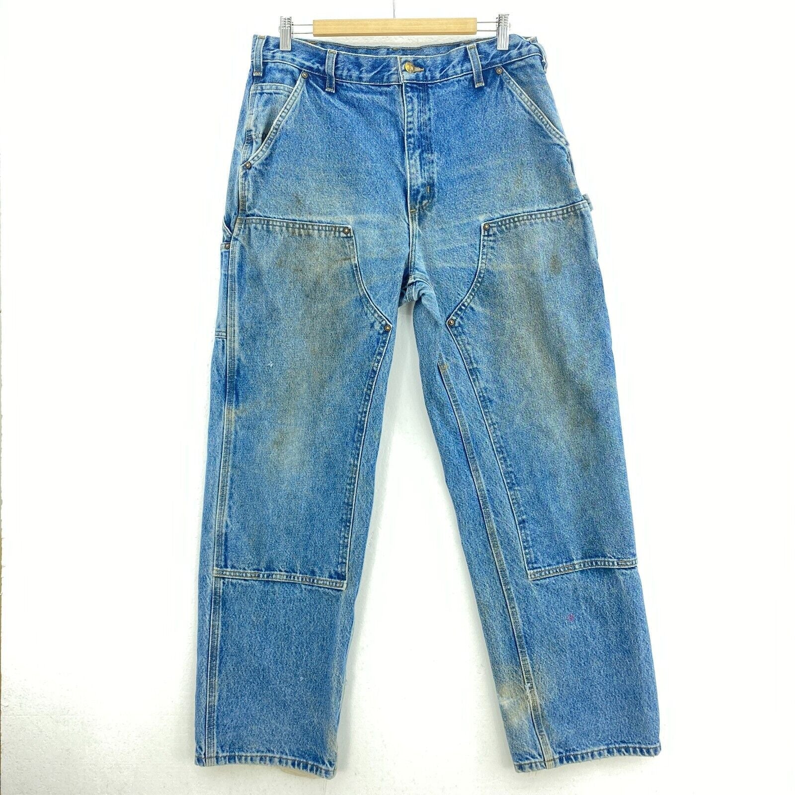 Carhartt Blue Medium Light Wash Denim Cargo Pants Workwear Size 36