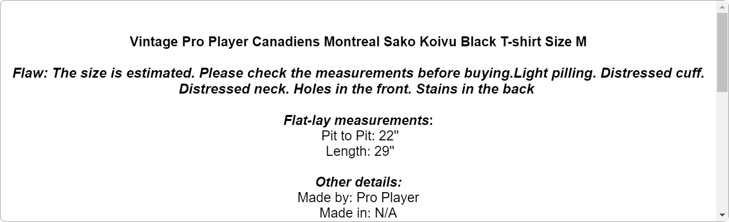 Vintage Pro Player Canadiens Montreal Sako Koivu Black T-shirt Size M