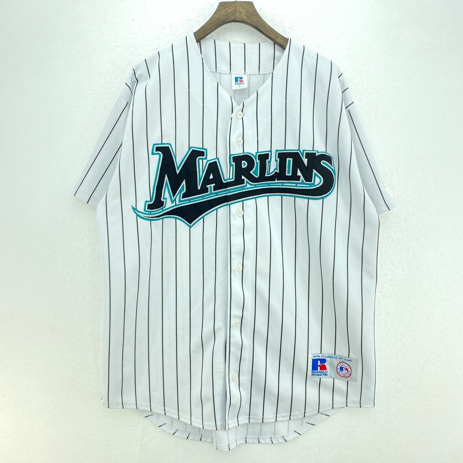 Russell Athlethic Pin Stripe White Button Up Florida Marlins MLB Jersey Size M
