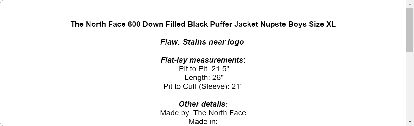 The North Face 600 Down Filled Black Puffer Jacket Nupste Boys Size XL