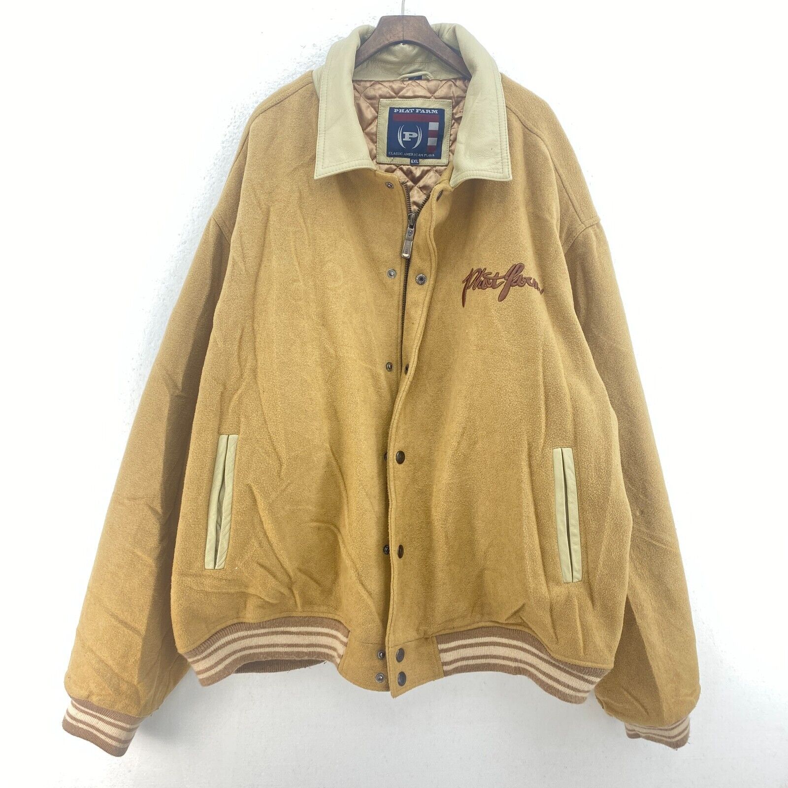 Phat Farm Classic American Flava Wool Bomber Jacket Size 6XL Brown Y2K