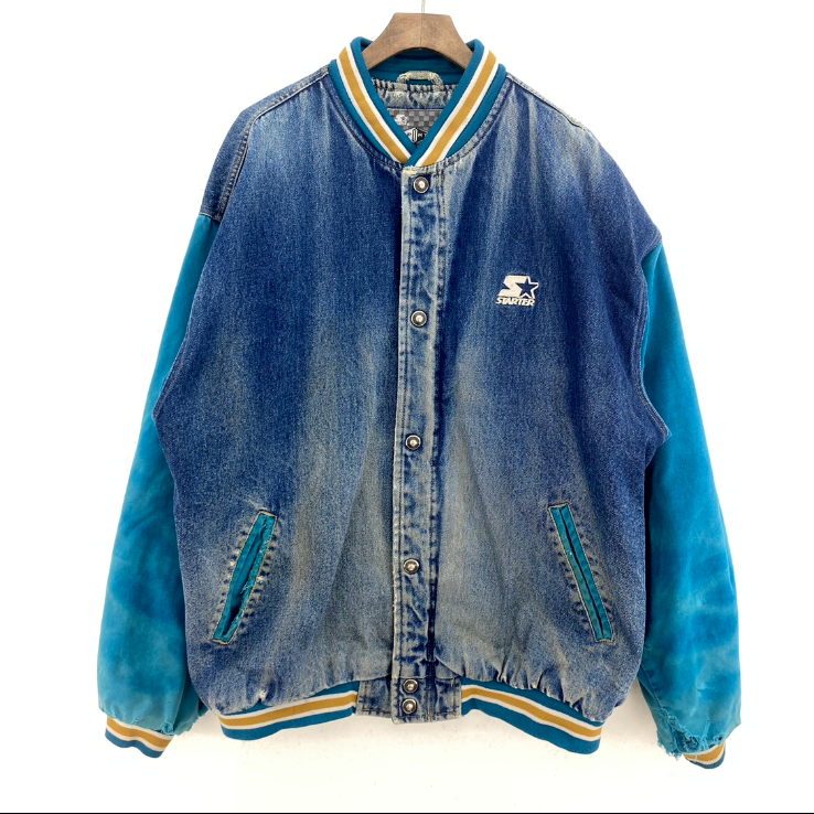 Starter Logo Snapped Denim Blue Jacket Size XL