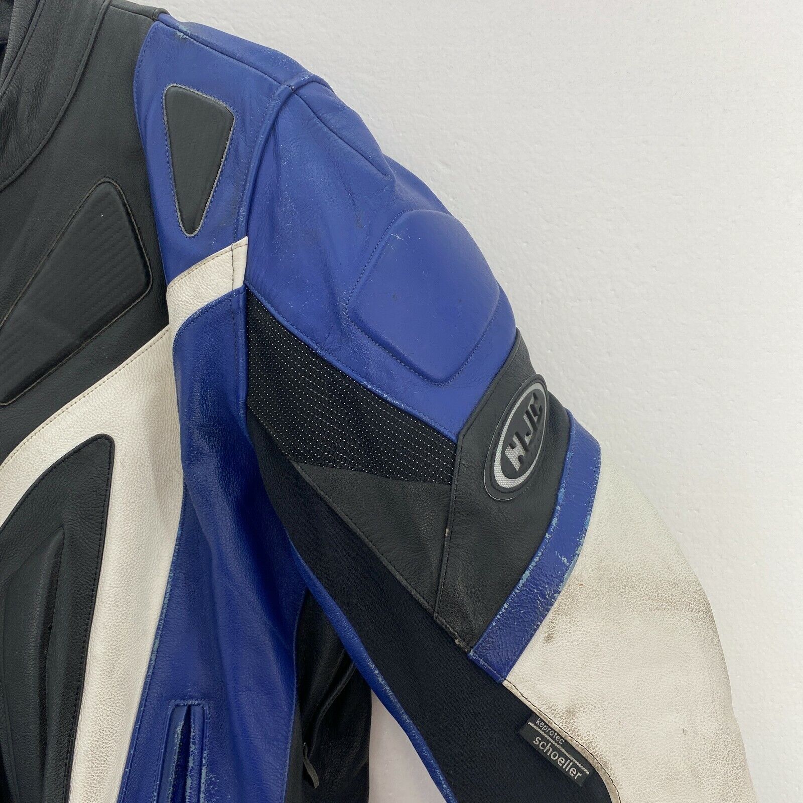 HJC Apparel Black Blue Leather Biker Jacket Size 48 Armoured Elbow & Shoulder