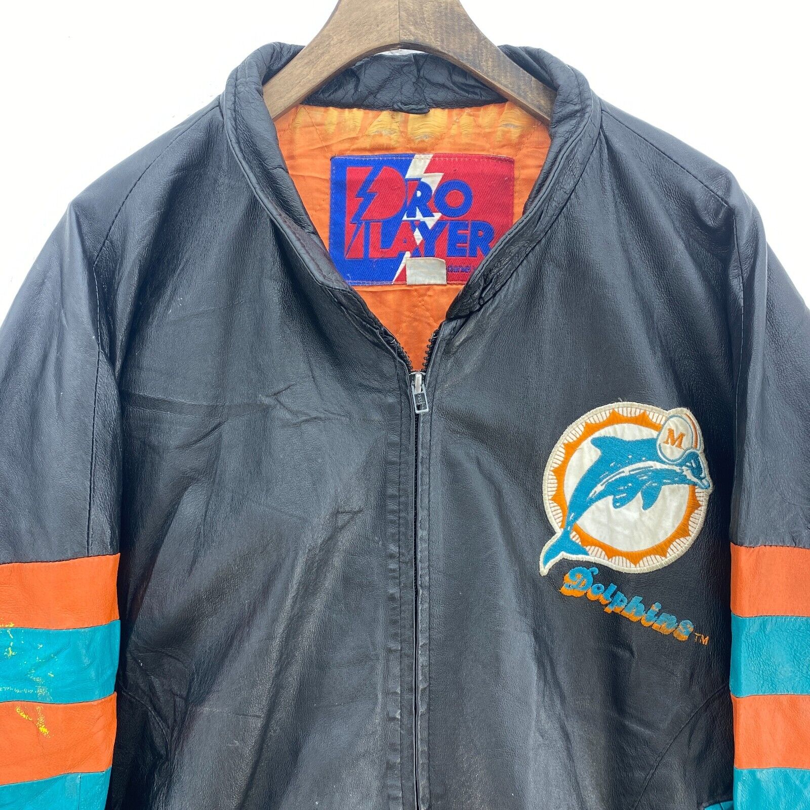 Pro Player Miami Dolphins Logo NFL Vintage Leather Full Zip Jacket Size XL