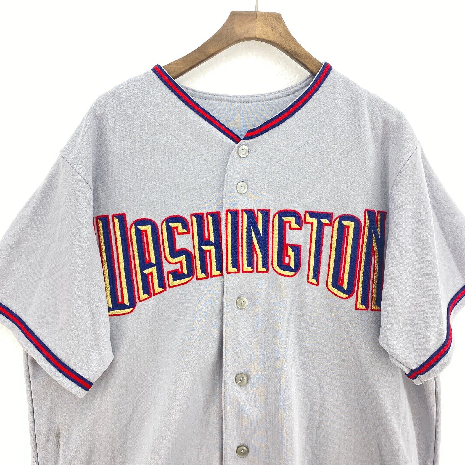 Washington Nationals MLB Spell Out Logo Gray Button Up V-Neck Jersey Size L