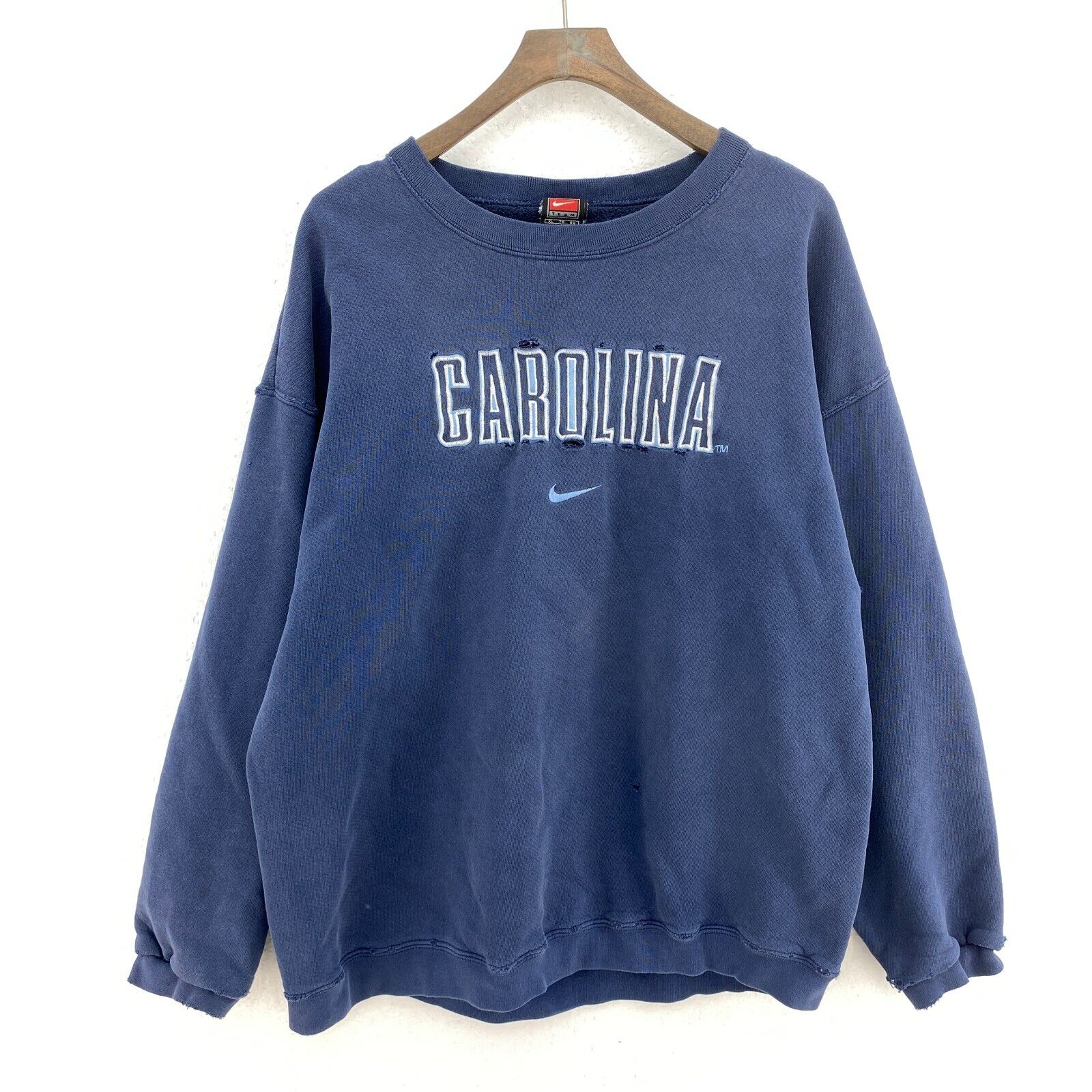 Nike Center Swoosh College Carolina Tar Heels Blue Distressed Sweatshirt Size XL