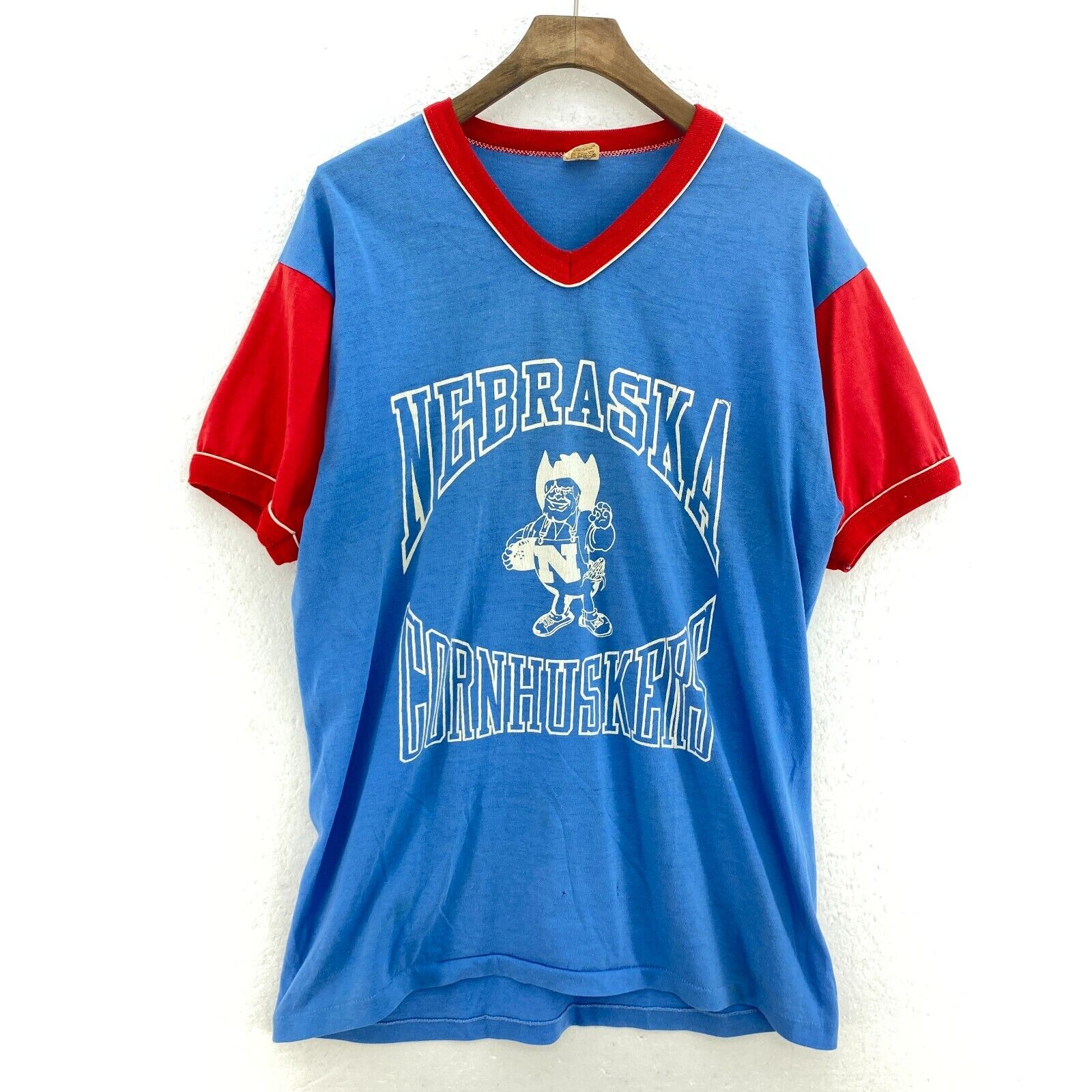 Russell Athlethic Ringer Nebraska Cornhuskers NCAA Blue V-Neck T-shirt Size L