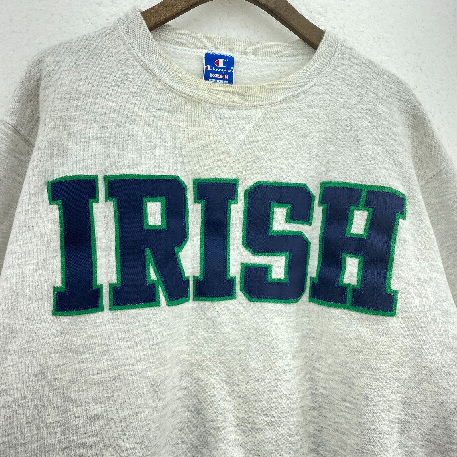 VTG Notre Dame Spell Out Fighting Irish Champion NCAA Gray Sweatshirt Size XXL