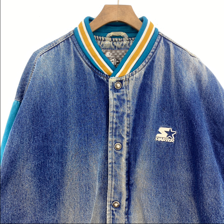 Starter Logo Snapped Denim Blue Jacket Size XL
