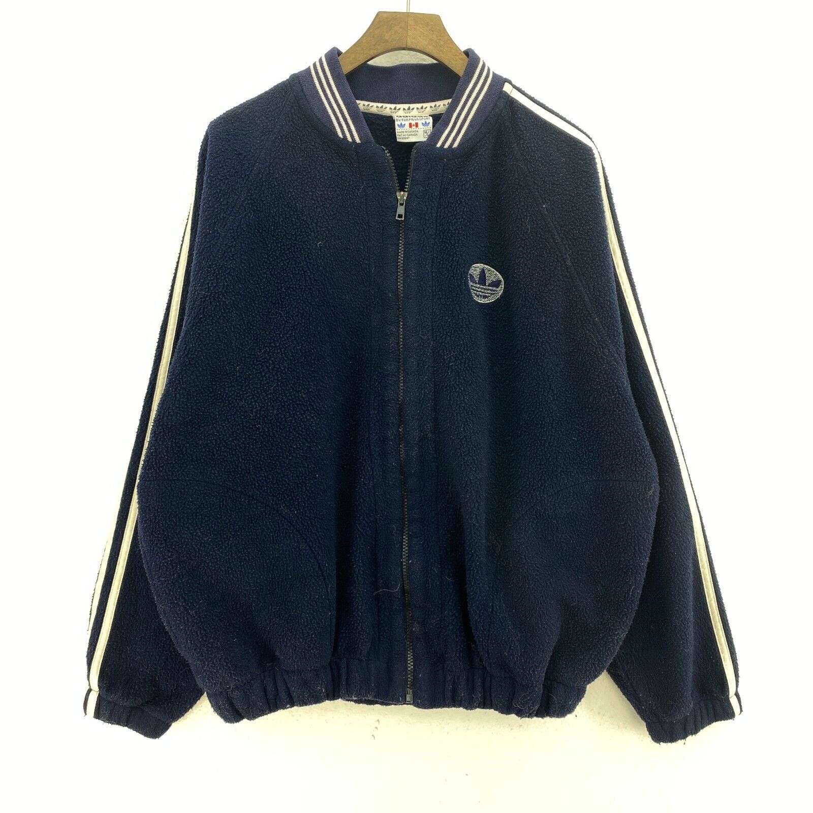 Vintage Adidas 3 Stripe Full Zip Fleece Navy blue Bomber Jacket Size M
