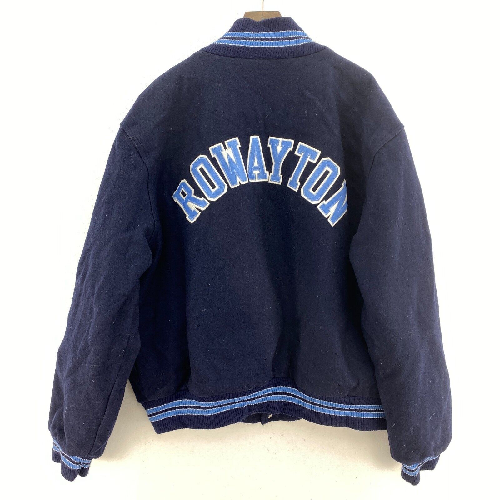 Rowayton Letterman College Navy Blue Snapped Bomber Jacket Size XL