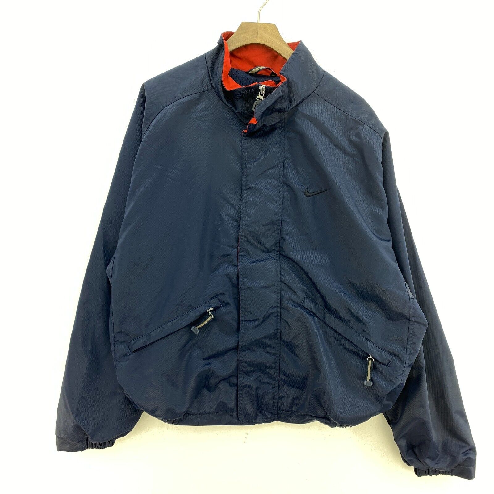 Nike Swoosh Embroidered Logo Satin Full Zip Navy Blue Bomber Jacket Size M