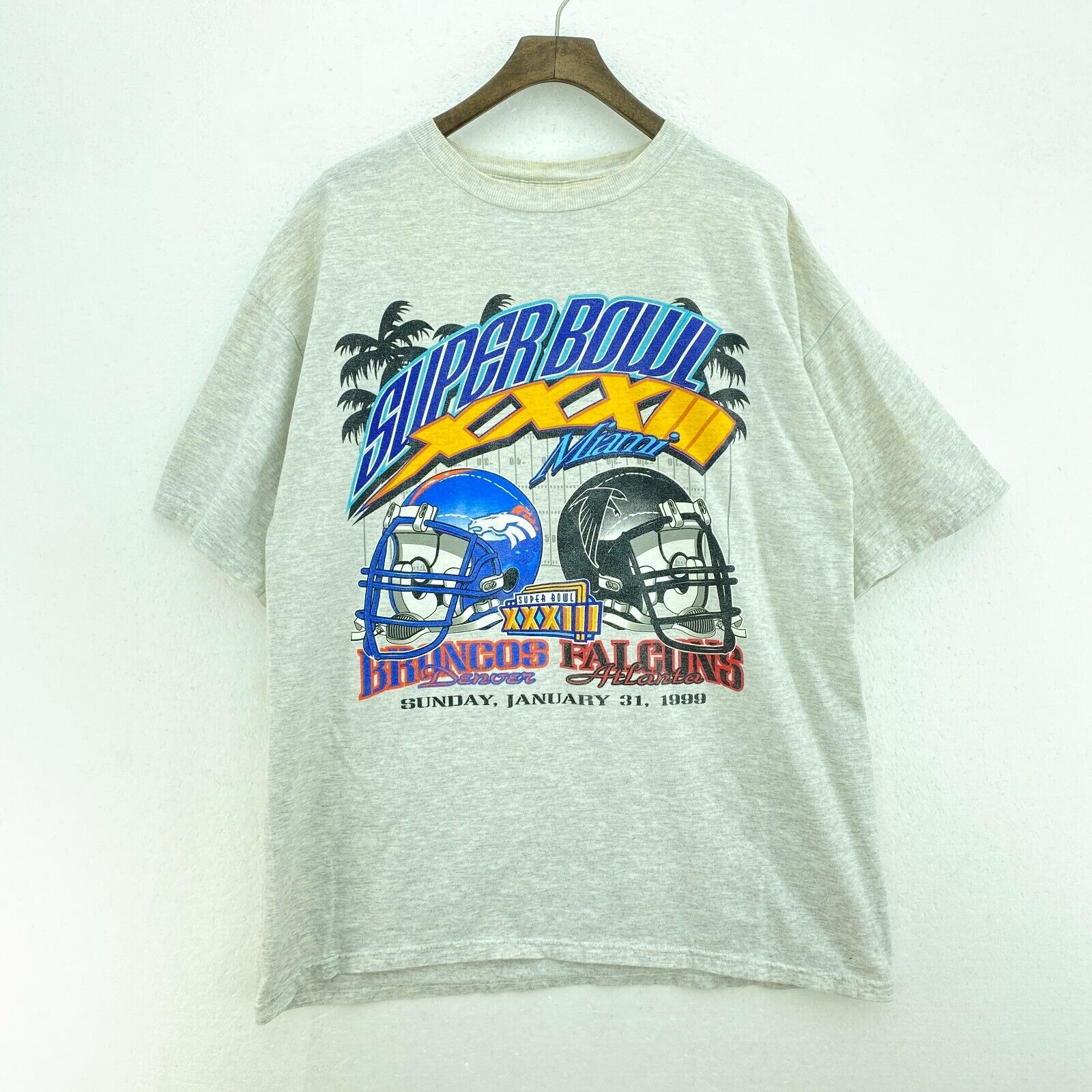 Super Bowl XXXIII NFL Miami Denver Broncos Falcons Atlanta Gray T-shirt Size XL