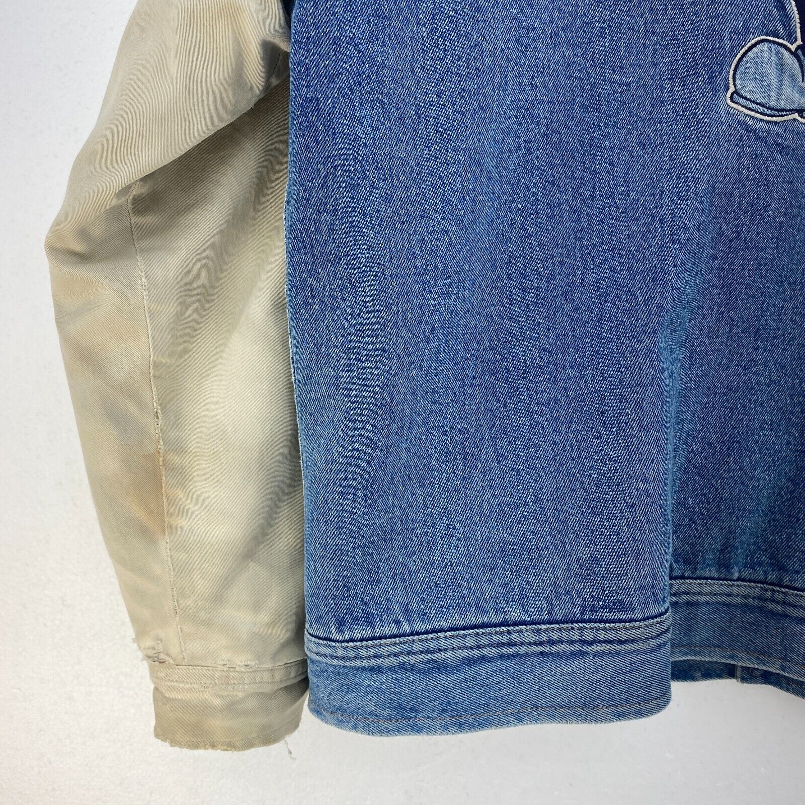 Walt Disney Mickey Mouse Medium Wash Insulated Denim Varsity Jacket Size L Blue