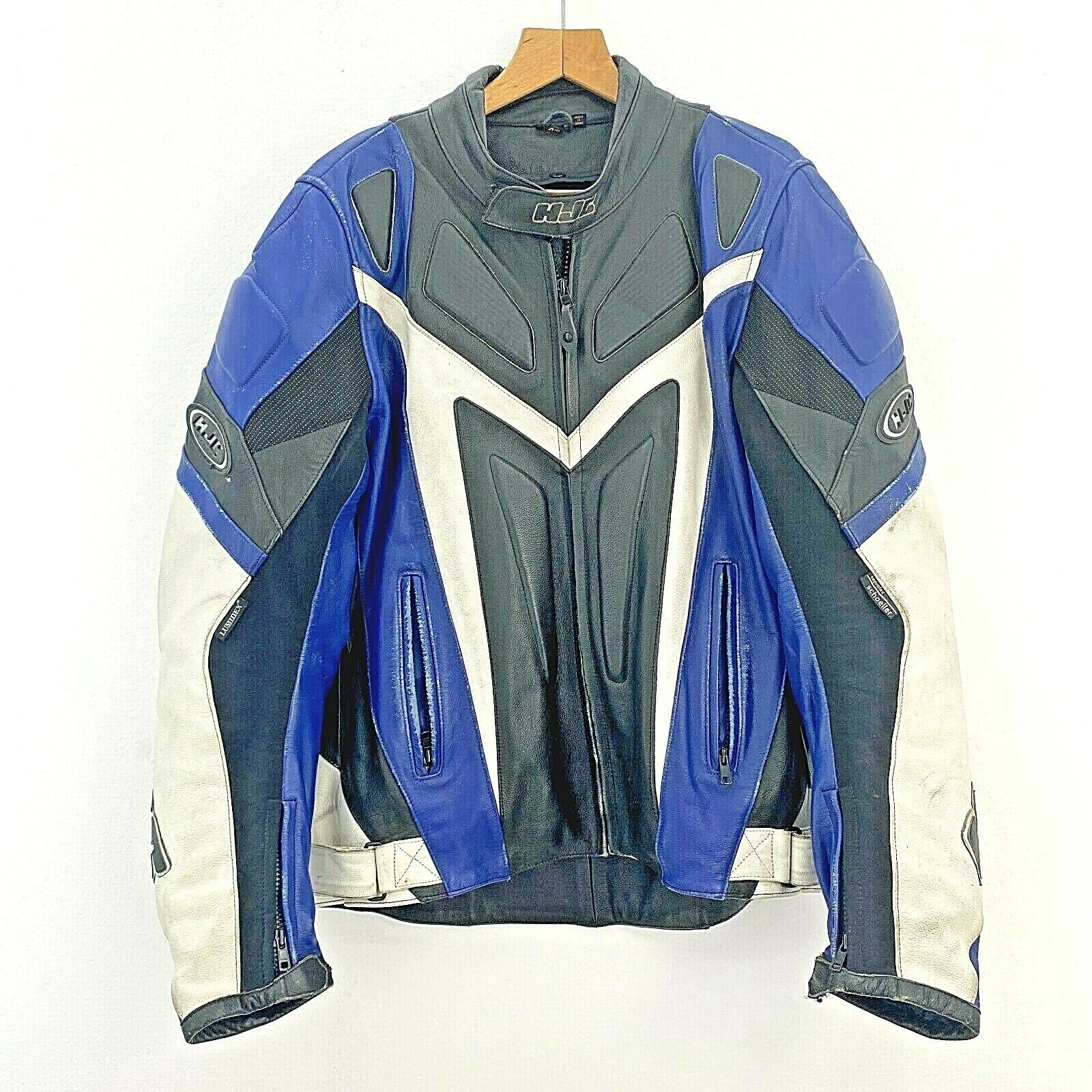 HJC Apparel Black Blue Leather Biker Jacket Size 48 Armoured Elbow & Shoulder
