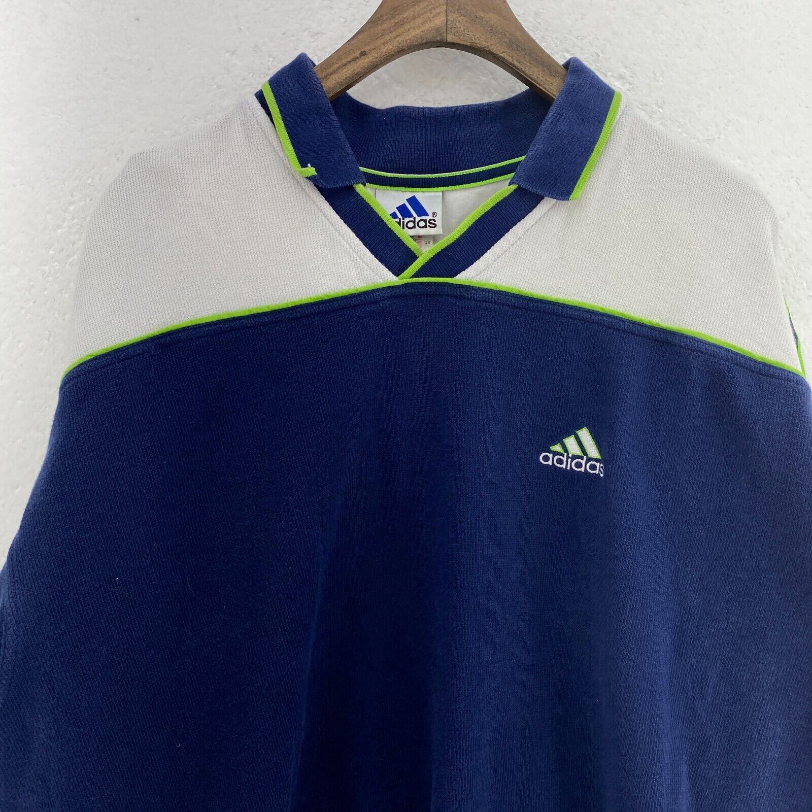 Vintage Adidas Neon Striped Collared Navy Blue Sweatshirt Size M